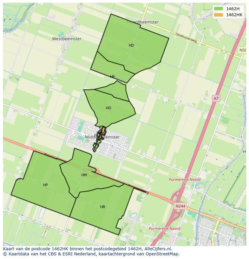 Afbeelding van het postcodegebied 1462 HK op de kaart.