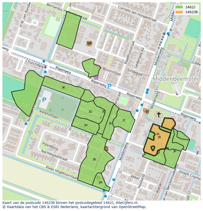 Afbeelding van het postcodegebied 1462 JB op de kaart.