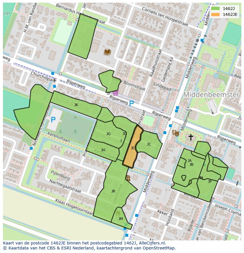 Afbeelding van het postcodegebied 1462 JE op de kaart.