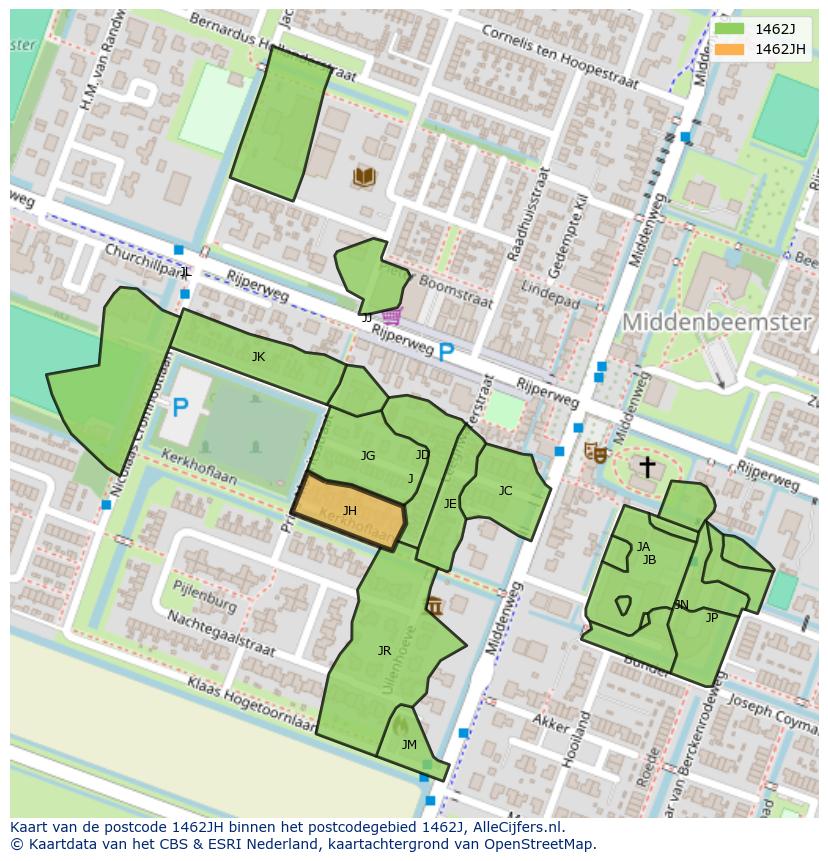Afbeelding van het postcodegebied 1462 JH op de kaart.