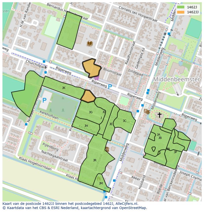 Afbeelding van het postcodegebied 1462 JJ op de kaart.