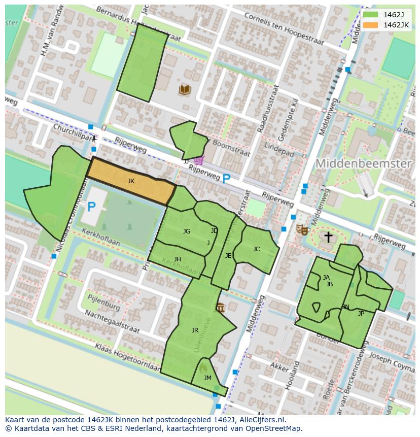 Afbeelding van het postcodegebied 1462 JK op de kaart.