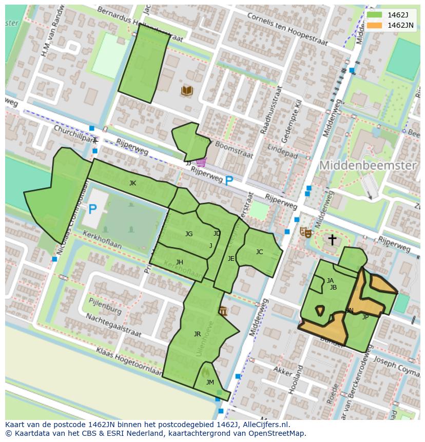 Afbeelding van het postcodegebied 1462 JN op de kaart.