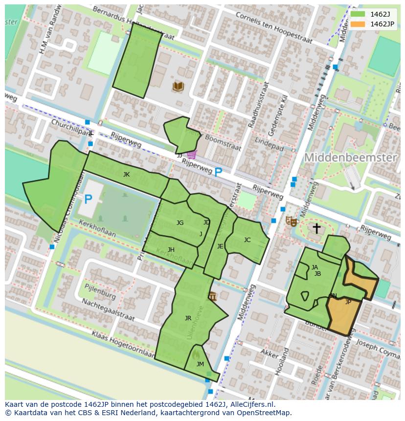 Afbeelding van het postcodegebied 1462 JP op de kaart.