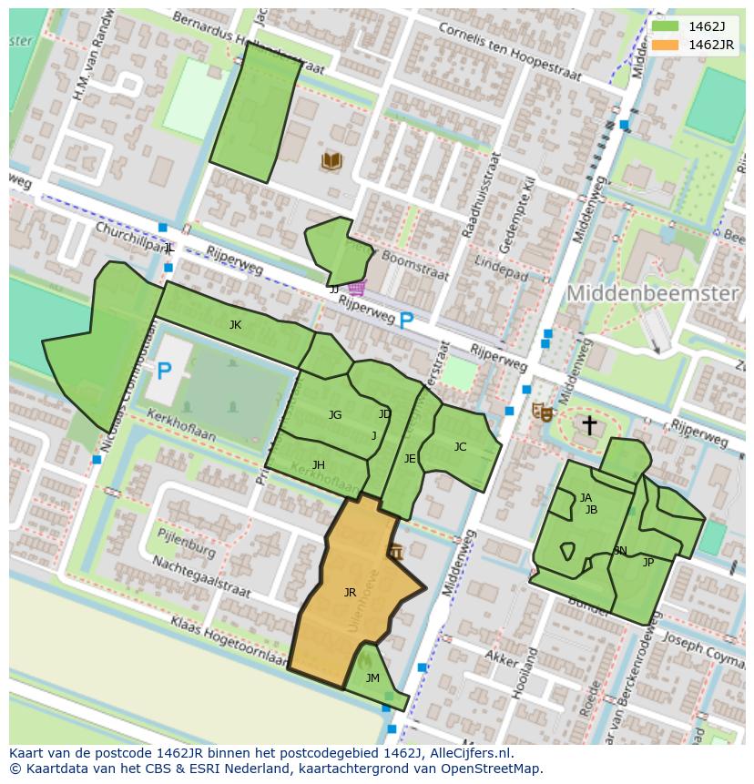 Afbeelding van het postcodegebied 1462 JR op de kaart.