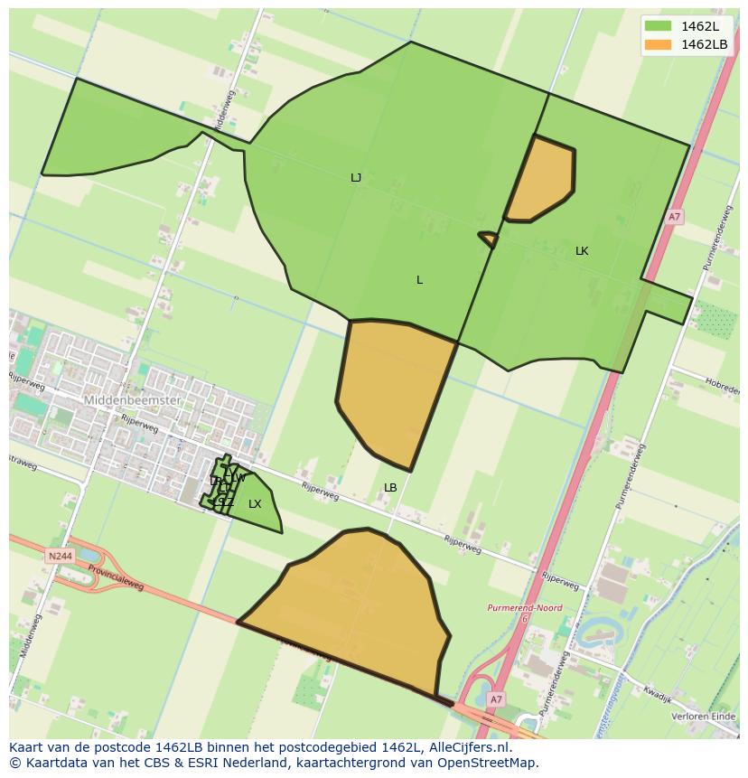 Afbeelding van het postcodegebied 1462 LB op de kaart.