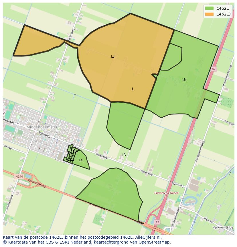 Afbeelding van het postcodegebied 1462 LJ op de kaart.