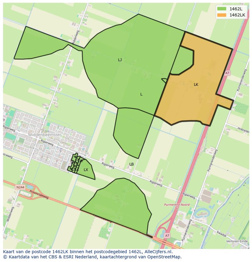 Afbeelding van het postcodegebied 1462 LK op de kaart.