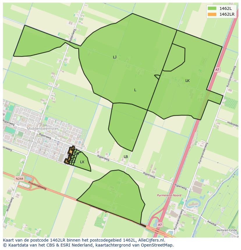 Afbeelding van het postcodegebied 1462 LR op de kaart.