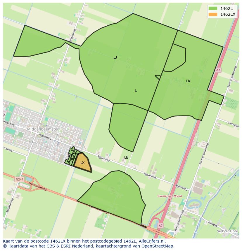 Afbeelding van het postcodegebied 1462 LX op de kaart.