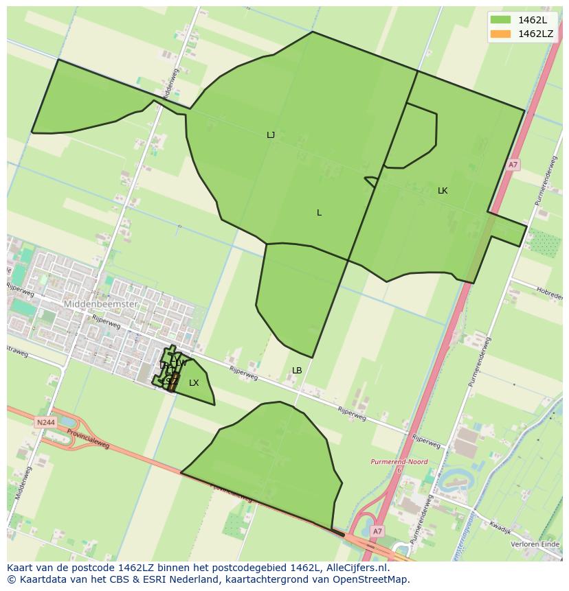 Afbeelding van het postcodegebied 1462 LZ op de kaart.