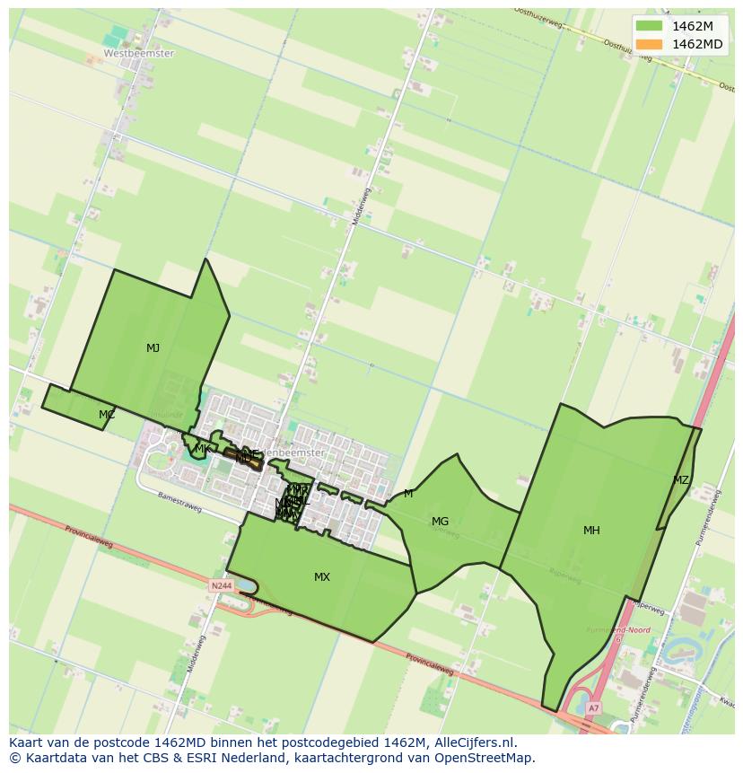 Afbeelding van het postcodegebied 1462 MD op de kaart.