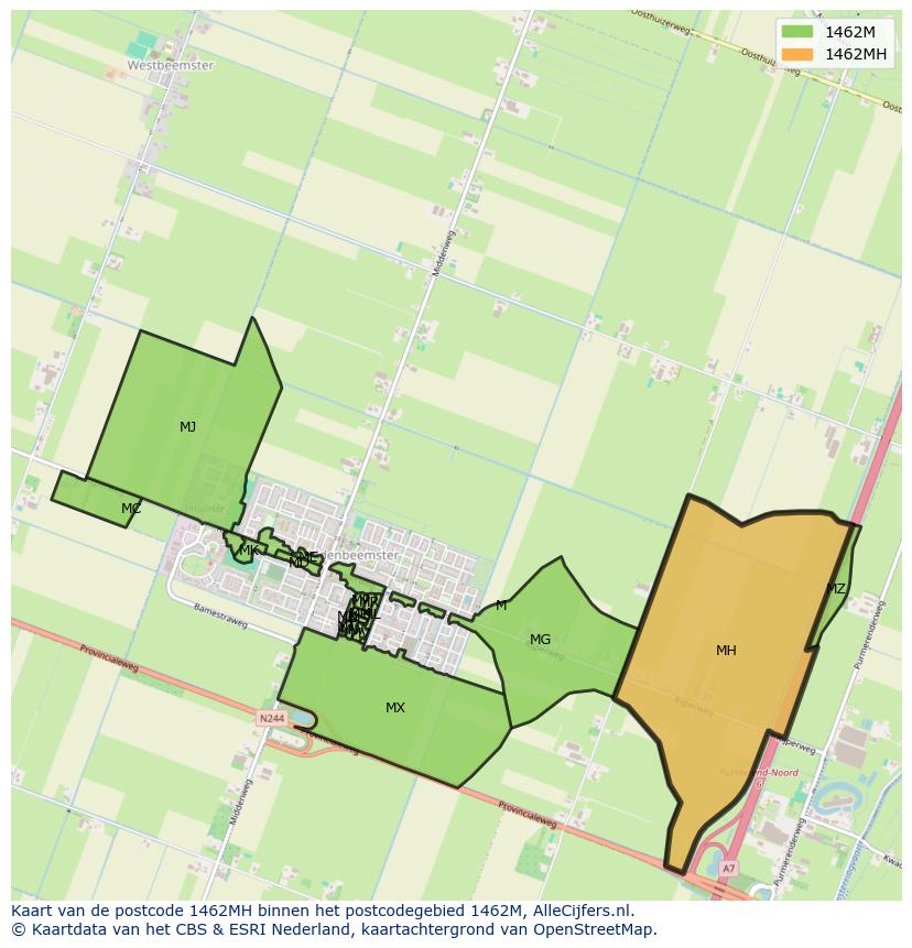 Afbeelding van het postcodegebied 1462 MH op de kaart.