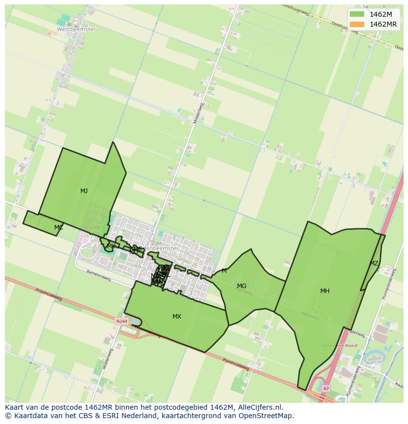 Afbeelding van het postcodegebied 1462 MR op de kaart.