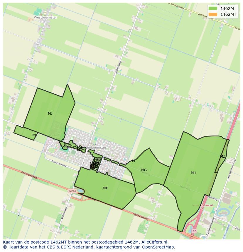 Afbeelding van het postcodegebied 1462 MT op de kaart.