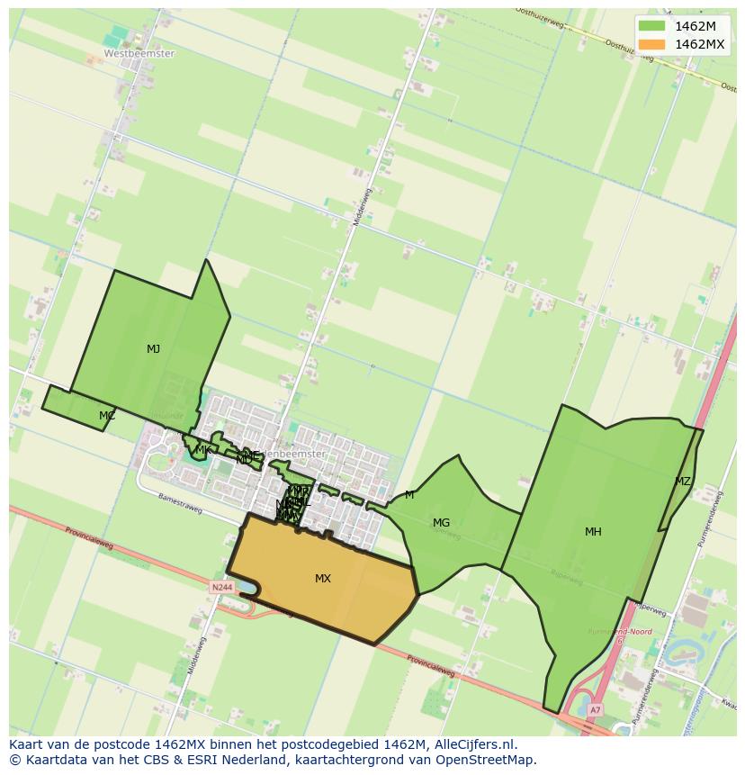 Afbeelding van het postcodegebied 1462 MX op de kaart.