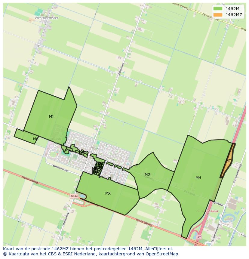 Afbeelding van het postcodegebied 1462 MZ op de kaart.