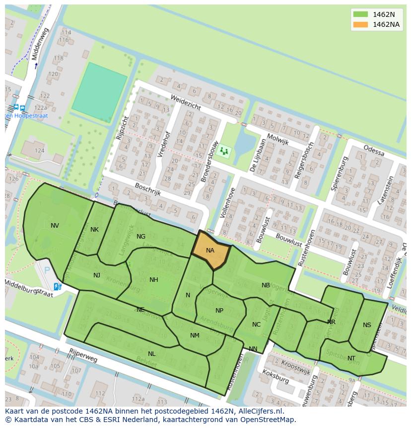 Afbeelding van het postcodegebied 1462 NA op de kaart.