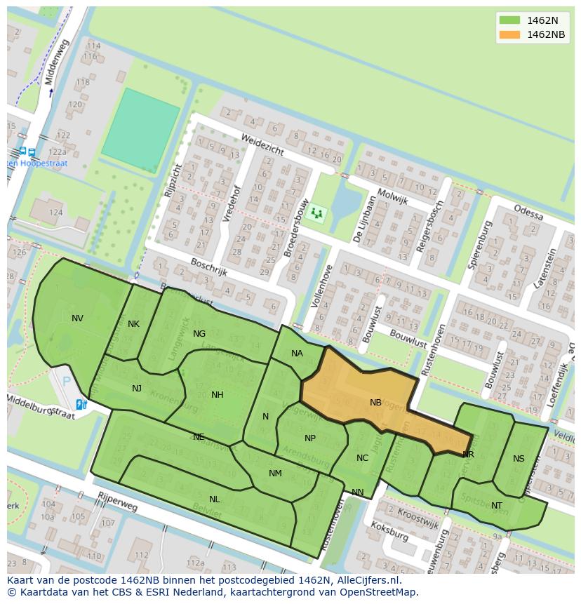 Afbeelding van het postcodegebied 1462 NB op de kaart.