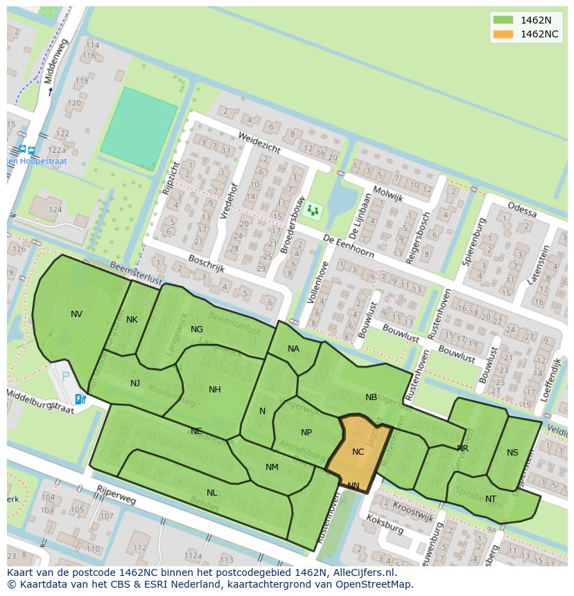 Afbeelding van het postcodegebied 1462 NC op de kaart.