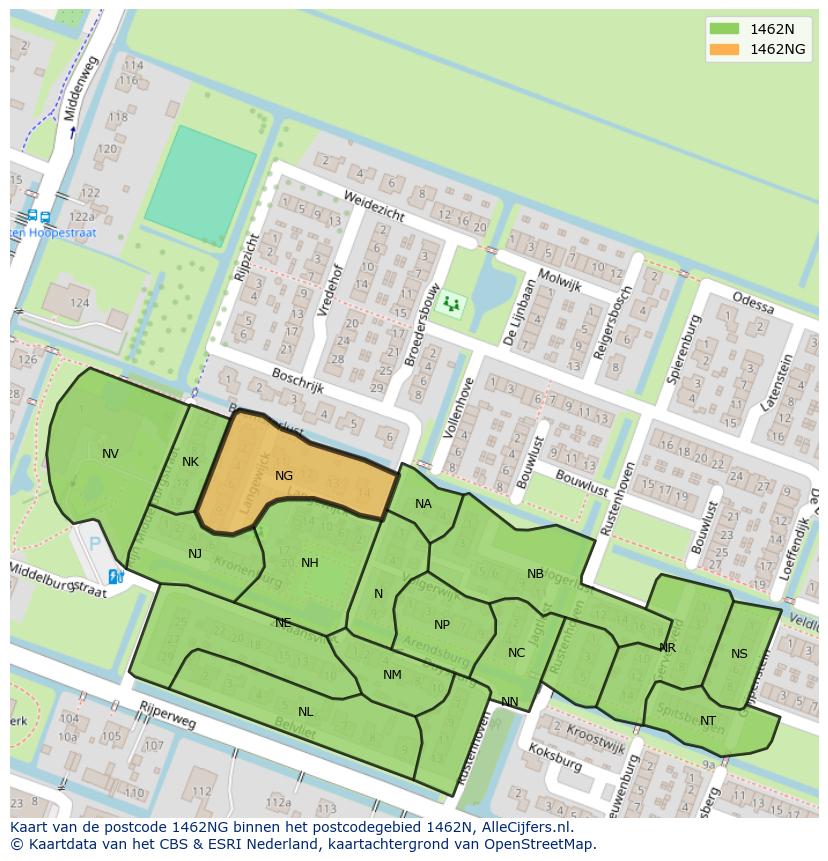 Afbeelding van het postcodegebied 1462 NG op de kaart.
