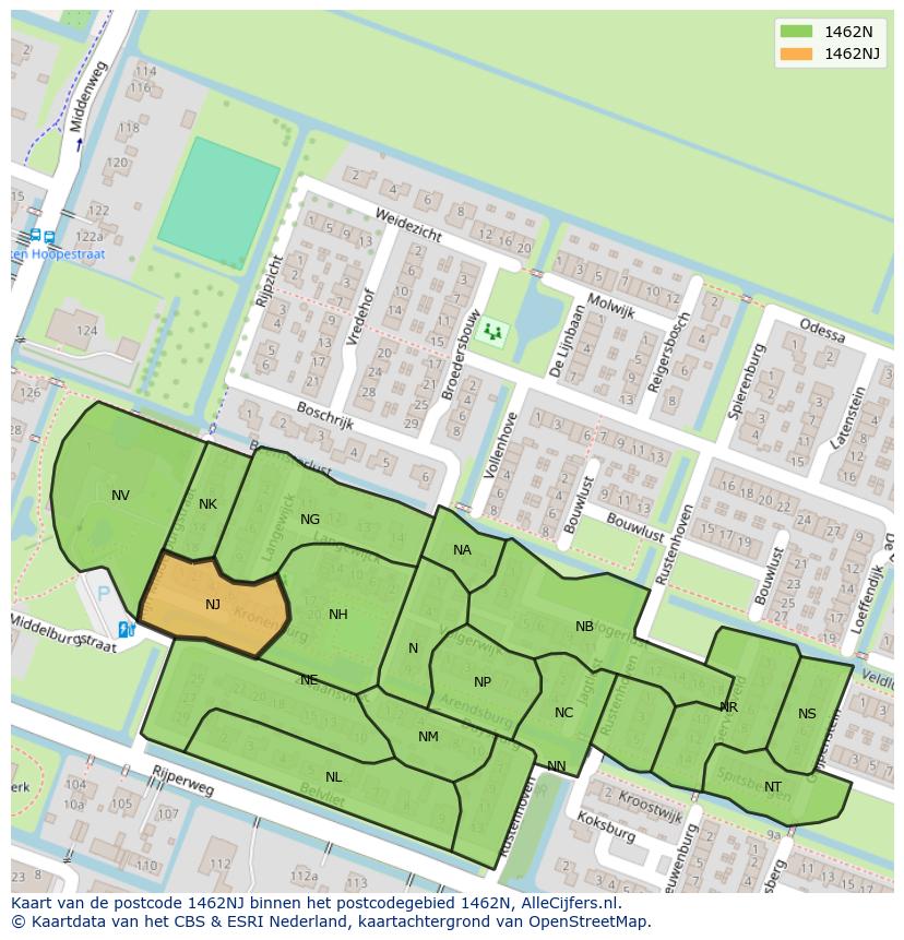 Afbeelding van het postcodegebied 1462 NJ op de kaart.