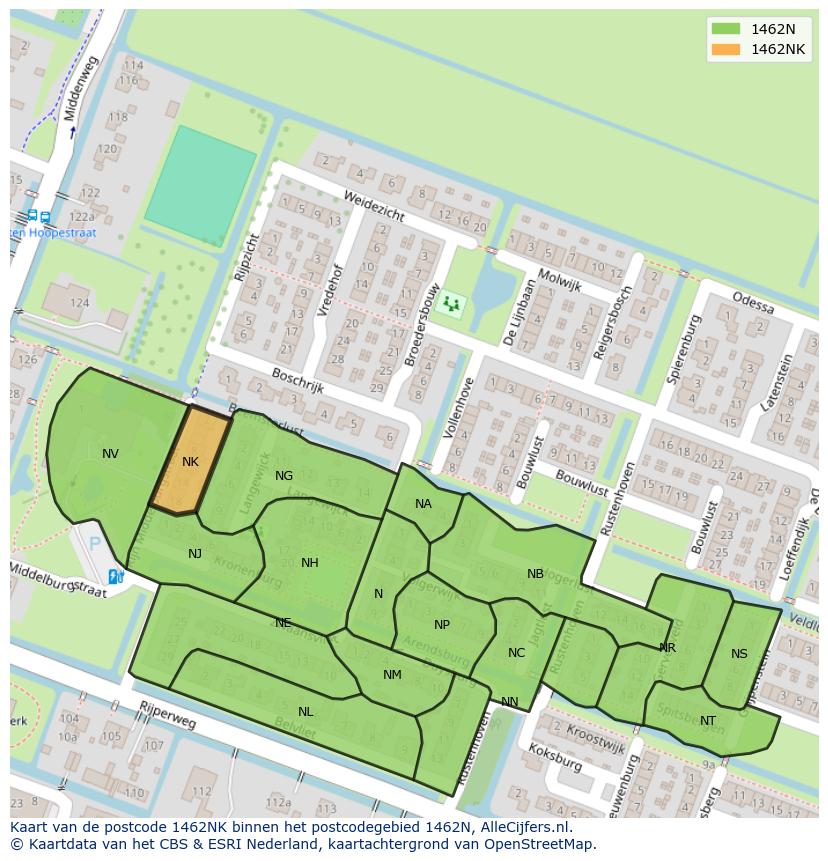 Afbeelding van het postcodegebied 1462 NK op de kaart.