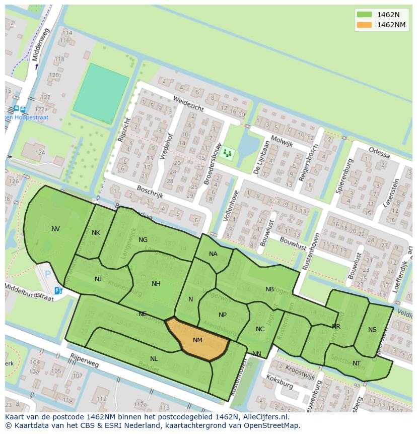 Afbeelding van het postcodegebied 1462 NM op de kaart.