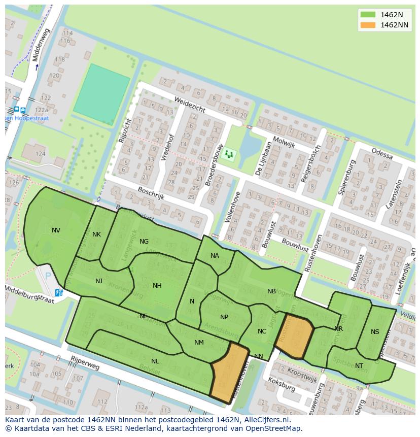 Afbeelding van het postcodegebied 1462 NN op de kaart.