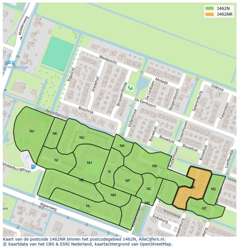 Afbeelding van het postcodegebied 1462 NR op de kaart.
