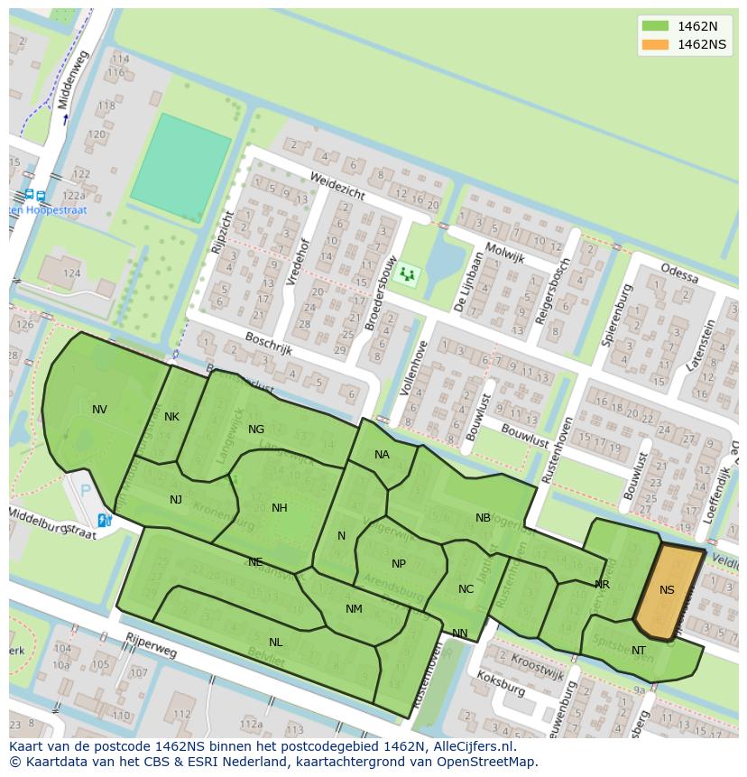 Afbeelding van het postcodegebied 1462 NS op de kaart.