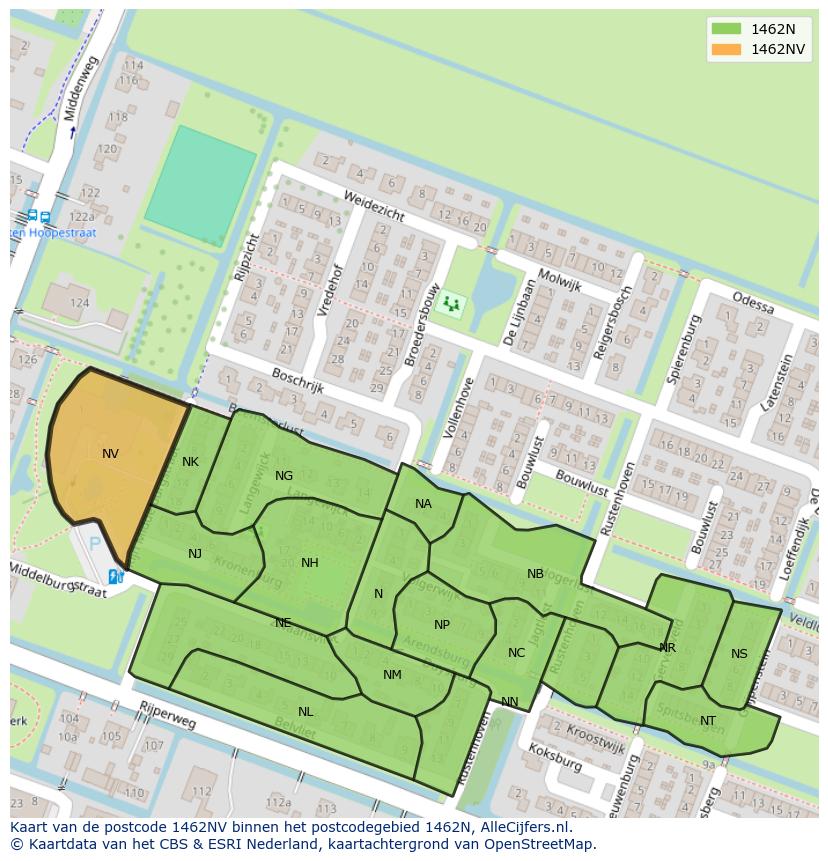 Afbeelding van het postcodegebied 1462 NV op de kaart.