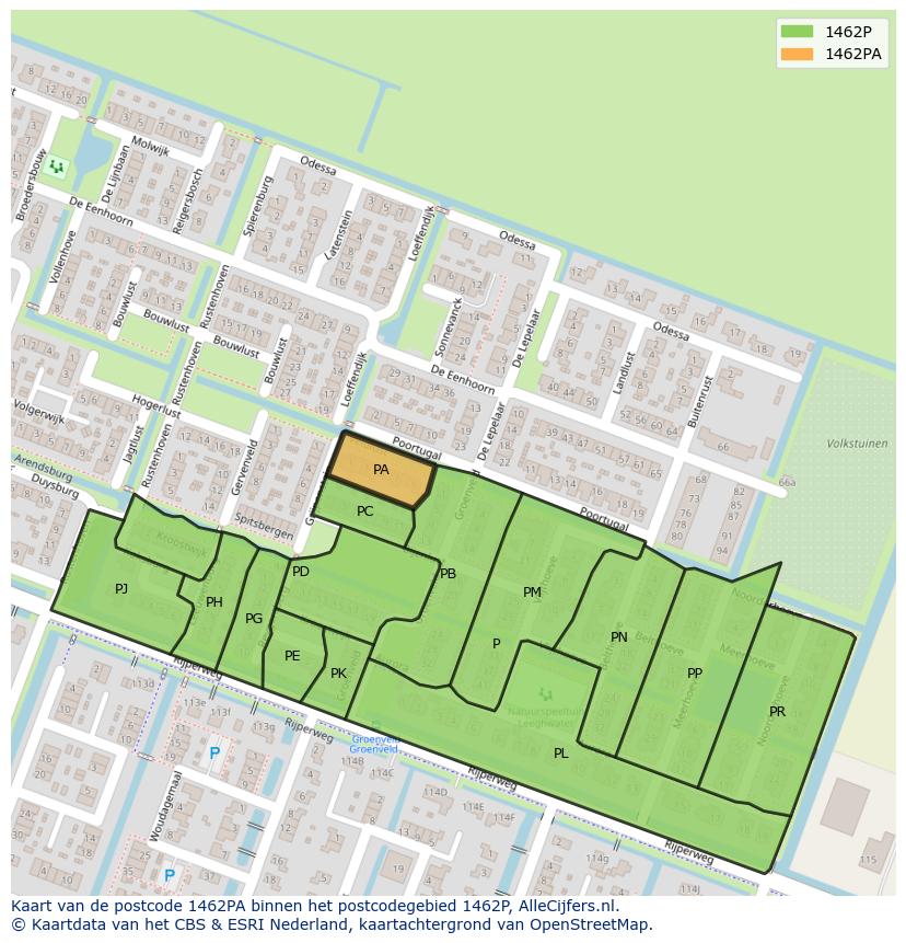 Afbeelding van het postcodegebied 1462 PA op de kaart.