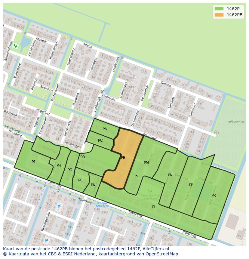 Afbeelding van het postcodegebied 1462 PB op de kaart.