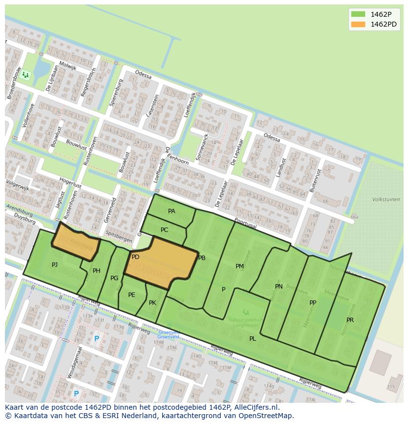 Afbeelding van het postcodegebied 1462 PD op de kaart.