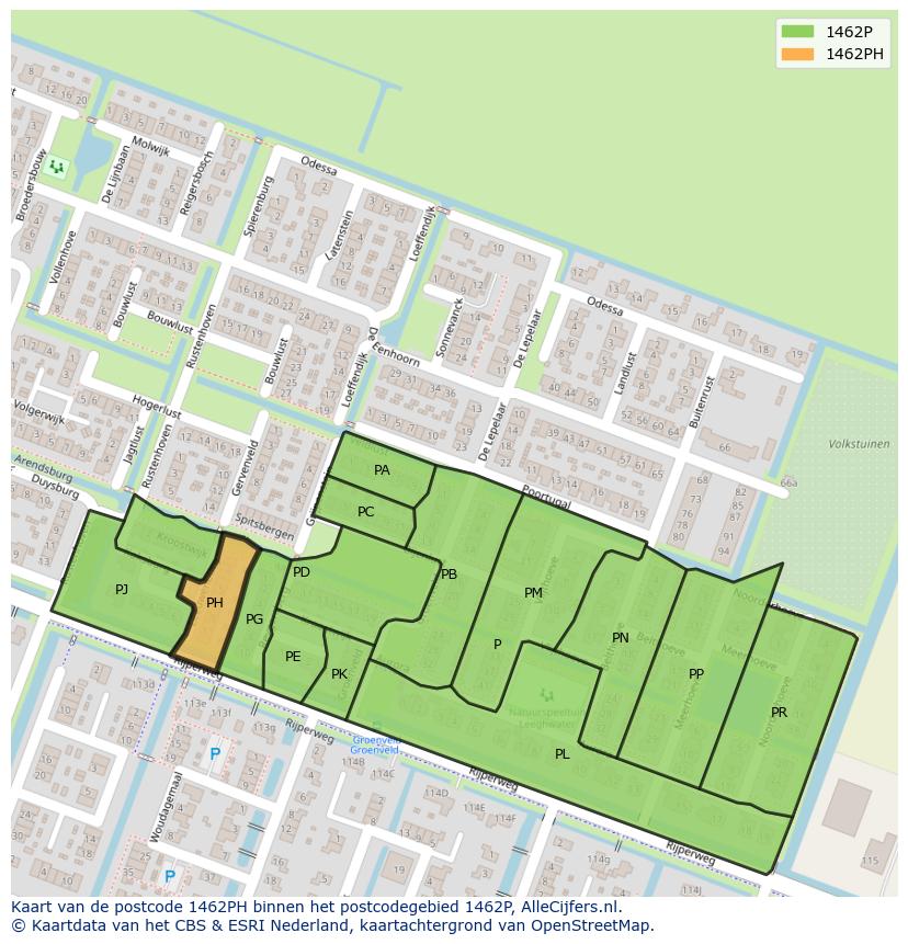 Afbeelding van het postcodegebied 1462 PH op de kaart.
