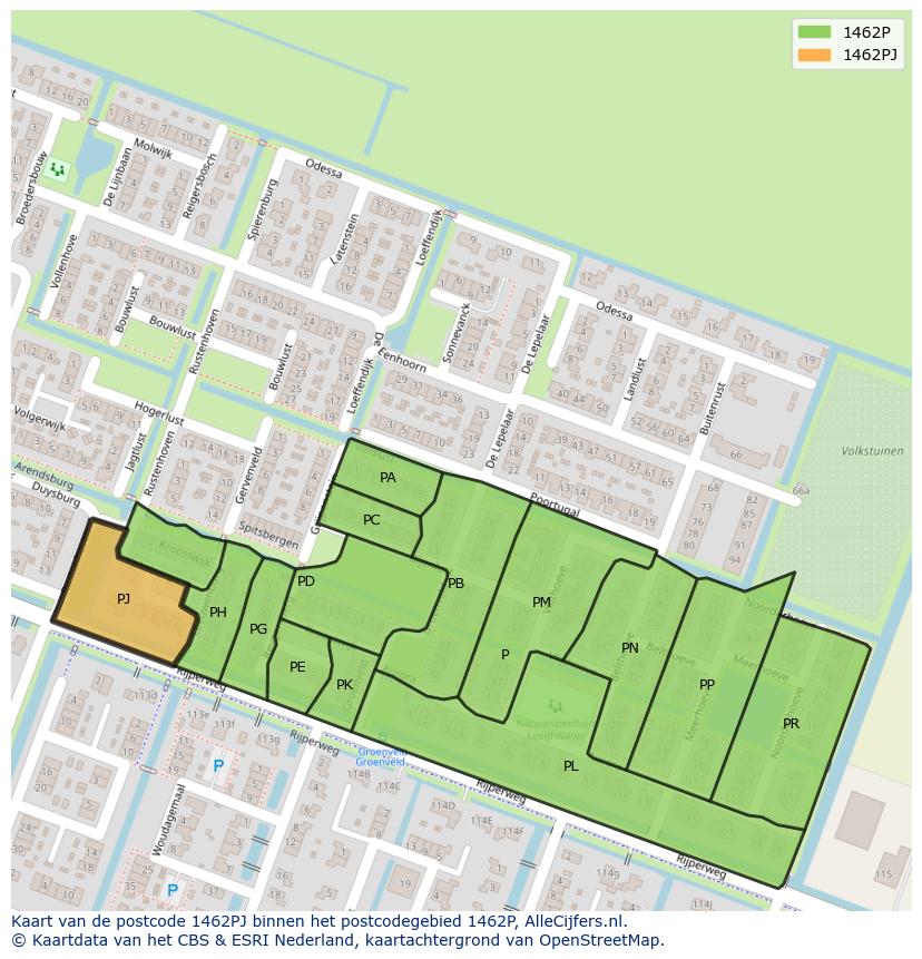 Afbeelding van het postcodegebied 1462 PJ op de kaart.