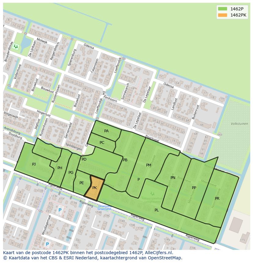 Afbeelding van het postcodegebied 1462 PK op de kaart.