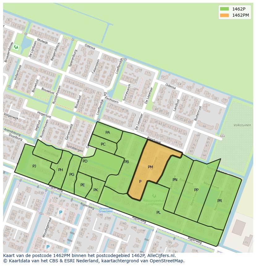 Afbeelding van het postcodegebied 1462 PM op de kaart.