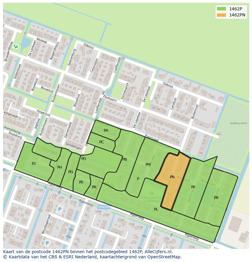 Afbeelding van het postcodegebied 1462 PN op de kaart.