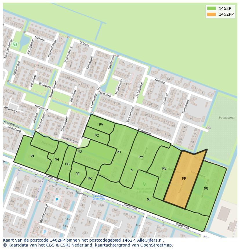Afbeelding van het postcodegebied 1462 PP op de kaart.