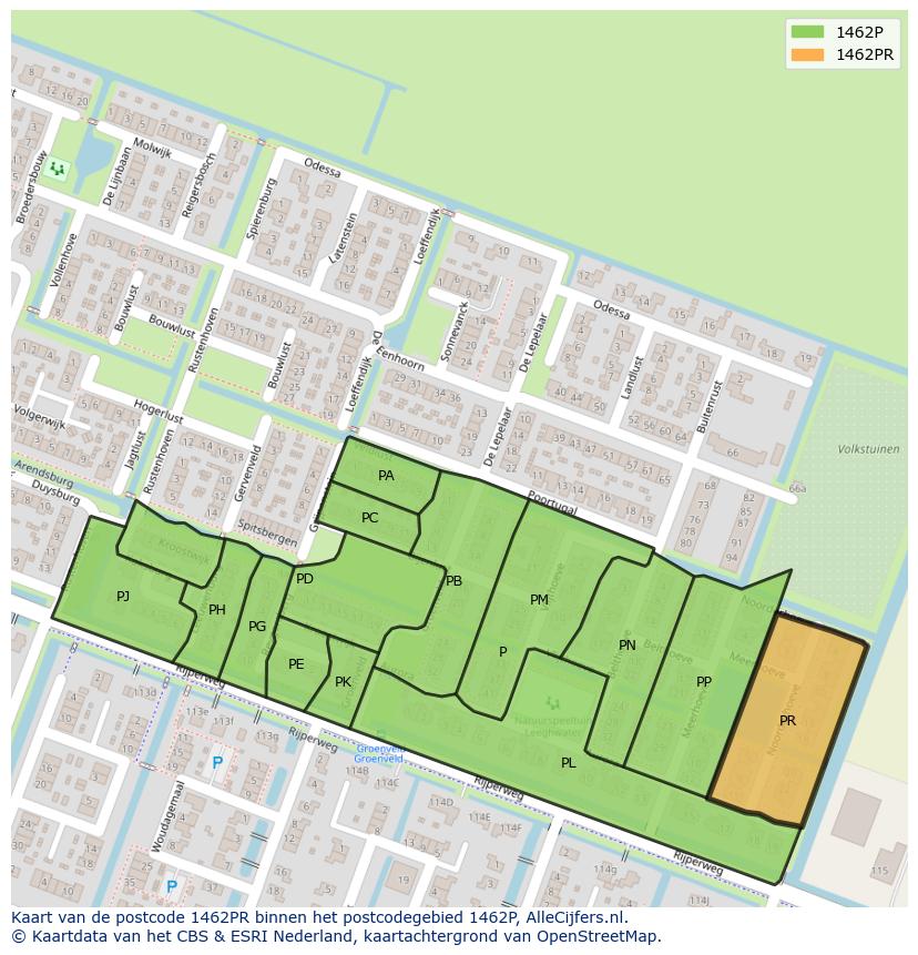 Afbeelding van het postcodegebied 1462 PR op de kaart.