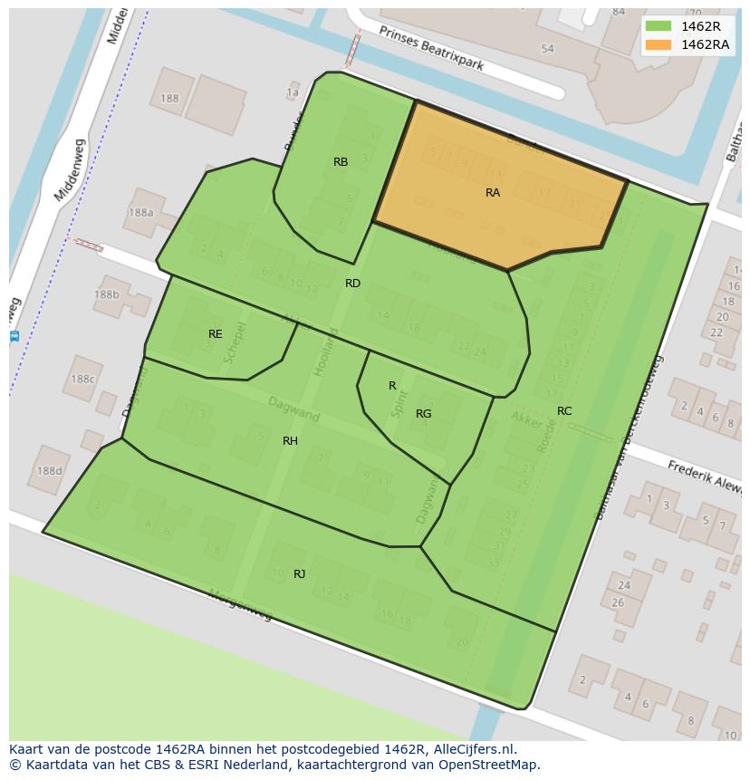 Afbeelding van het postcodegebied 1462 RA op de kaart.