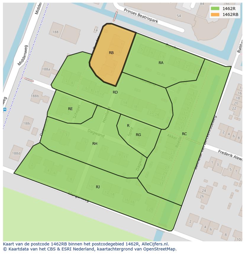 Afbeelding van het postcodegebied 1462 RB op de kaart.