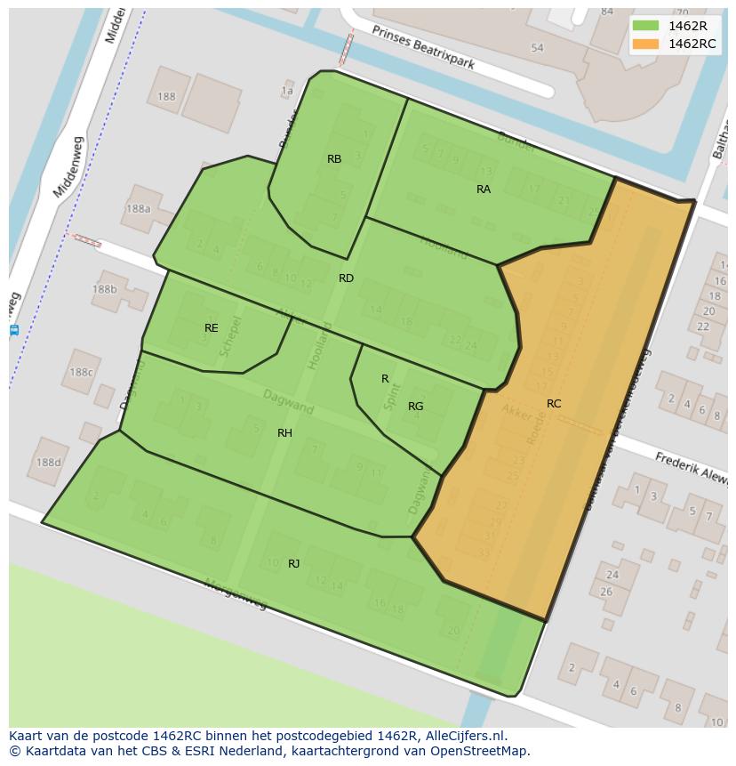 Afbeelding van het postcodegebied 1462 RC op de kaart.