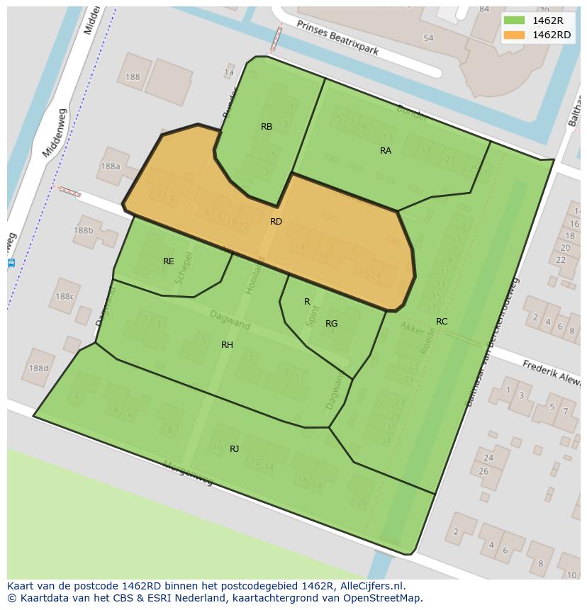 Afbeelding van het postcodegebied 1462 RD op de kaart.