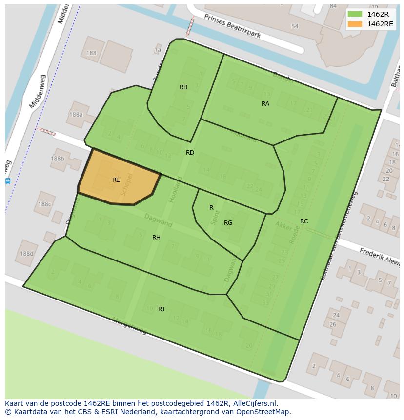 Afbeelding van het postcodegebied 1462 RE op de kaart.