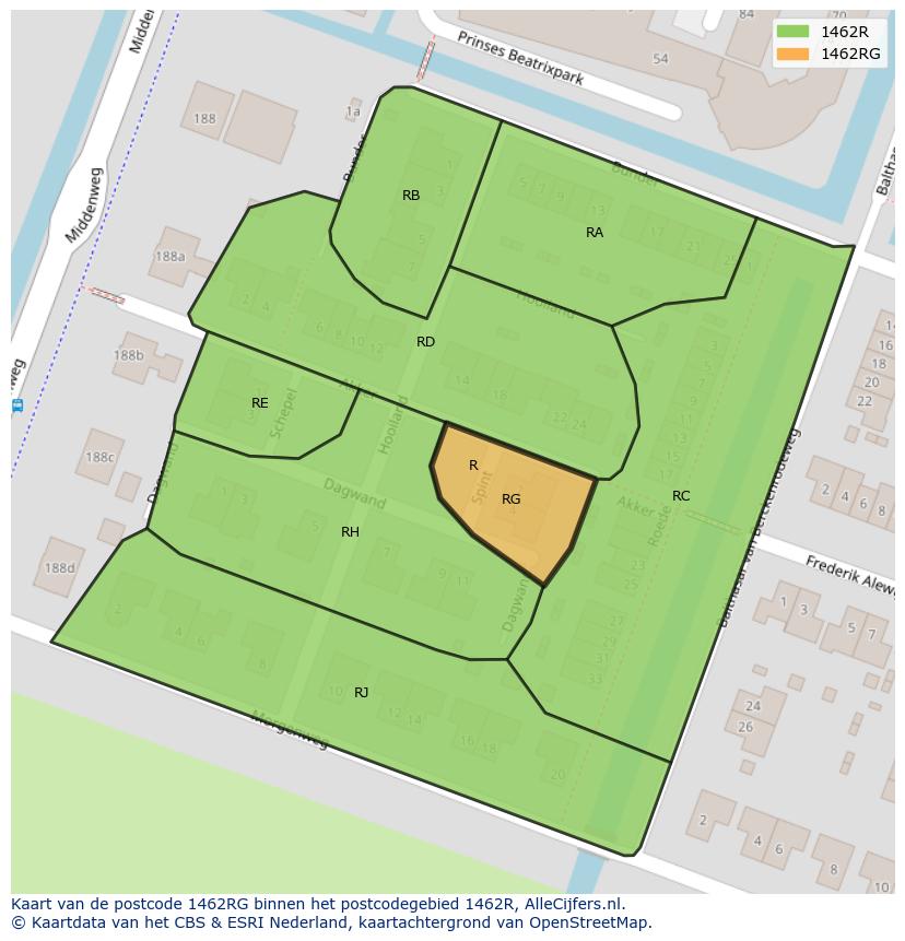 Afbeelding van het postcodegebied 1462 RG op de kaart.