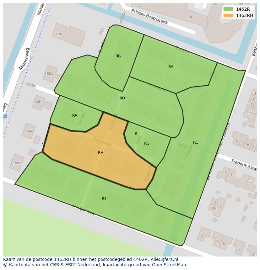 Afbeelding van het postcodegebied 1462 RH op de kaart.