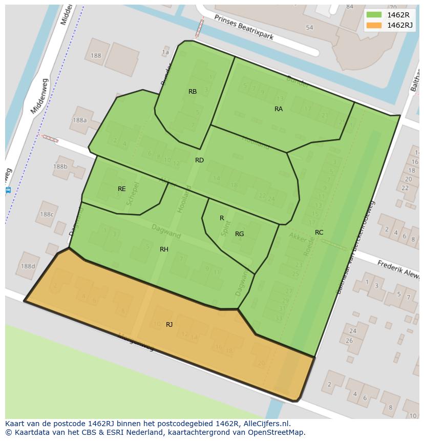 Afbeelding van het postcodegebied 1462 RJ op de kaart.